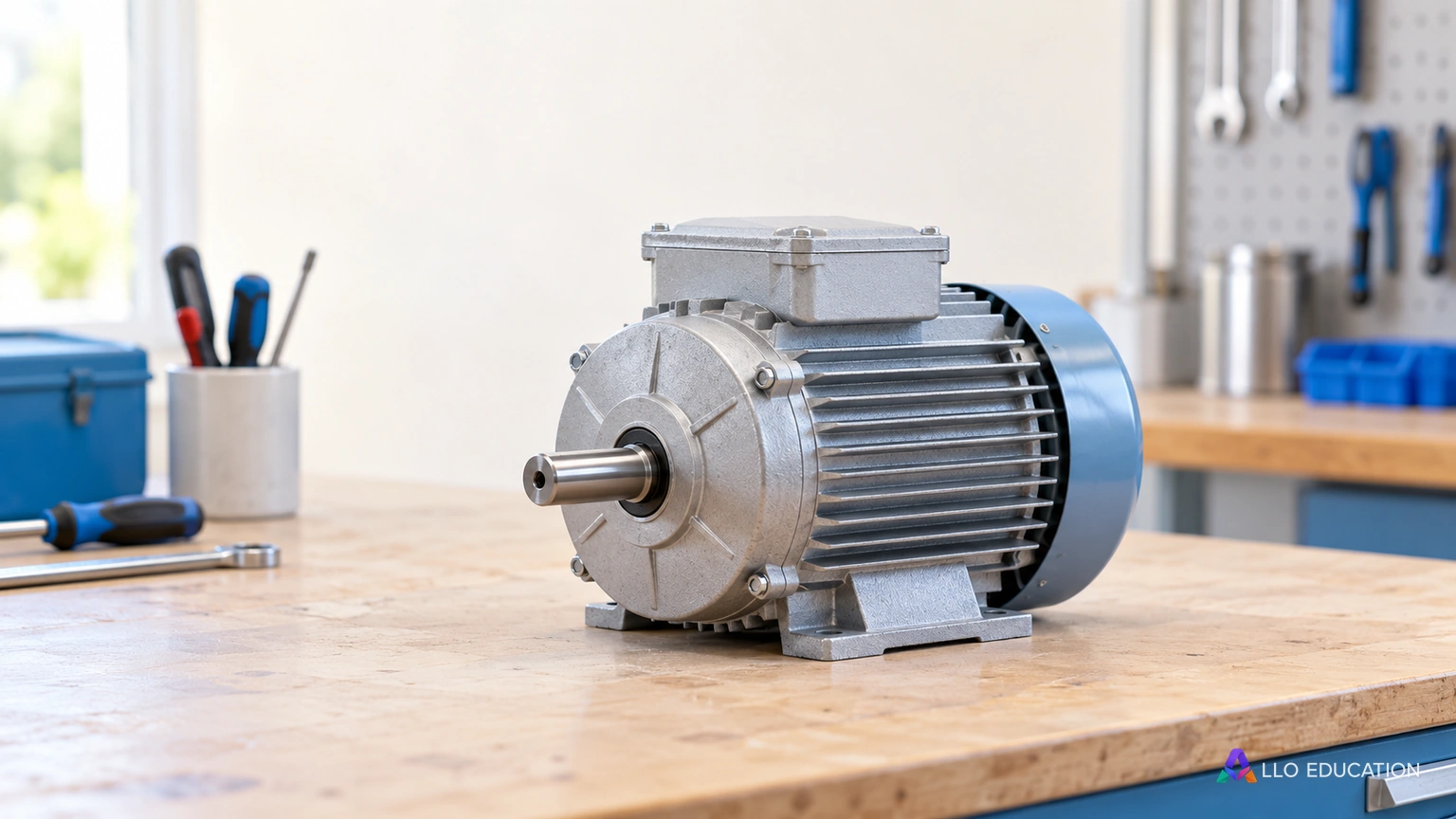 Petit moteur métallique non branché sur un établi clair.